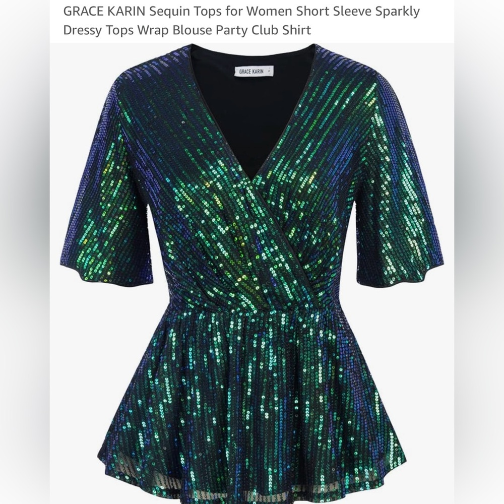 💚 Grace Karin Emerald Green Sequin Wrap Peplum Top | Size M Elegant, Sparkly 💚